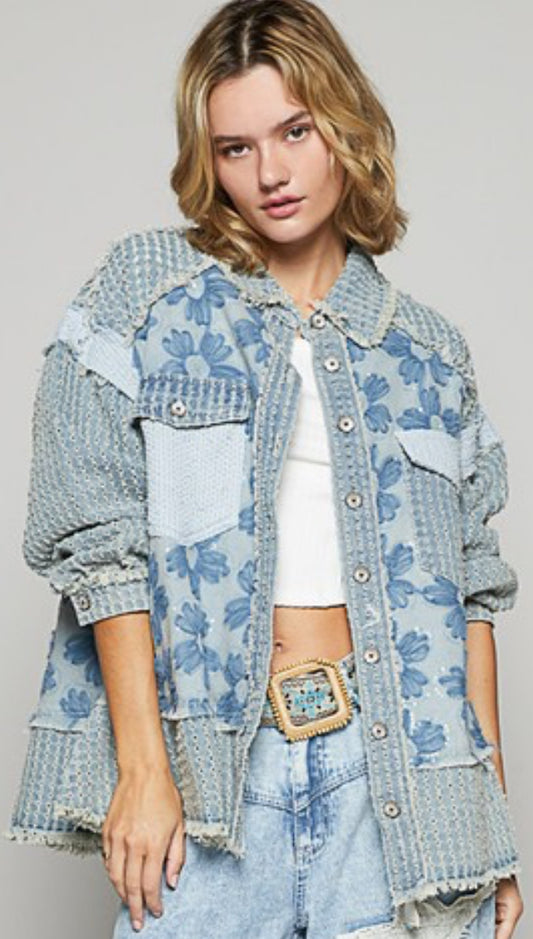 Denim mix oversized shacket with flowers (fits up to XL/XXL)