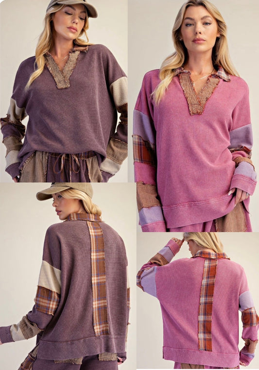 Loose fit tops with plaid inserts