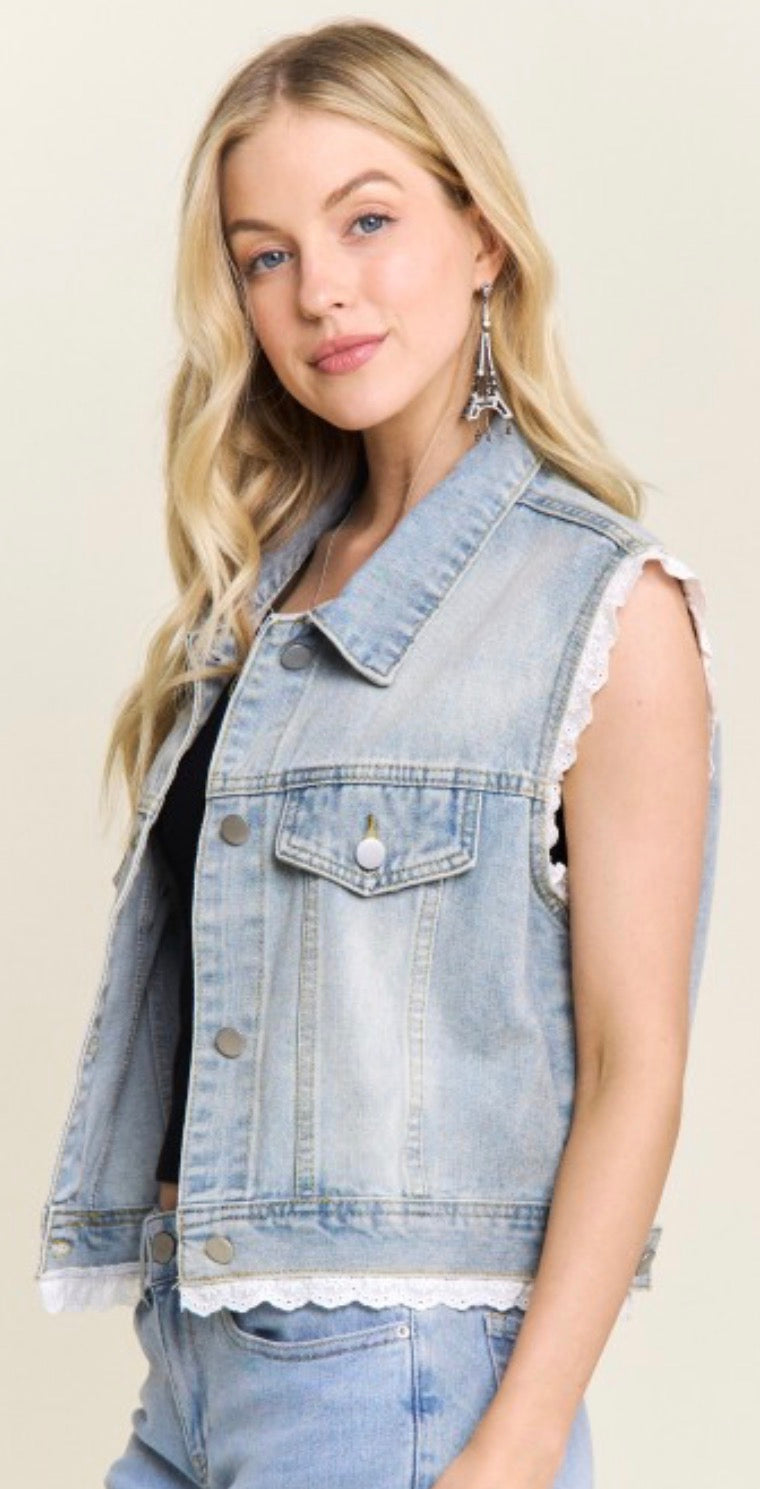 Denim vest with crochet detail