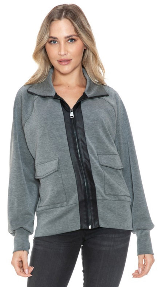 Ariella grey soft zip jacket with black satin trim