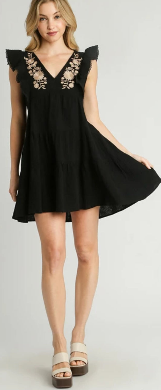 Black v neck dress with embroidery and ruffle sleeves