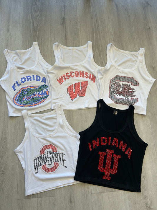 SUPER HOT ITEM!!! IN STOCK & Custom order college bling tanks and crop babytees, MOST SCHOOLS ARE AVAILABLE TO ORDER!!! & see pics for some schools made up!