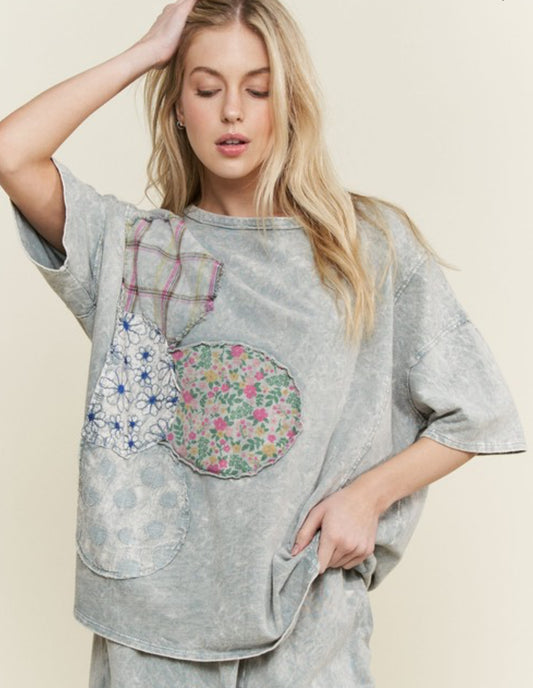 Mineral washed grey mixed print daisy loose fit top