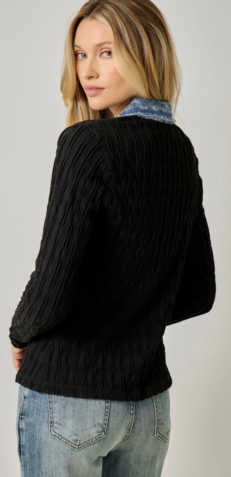 PREORDER NOW, Arriving Friday…Black textured rib top with denim collar