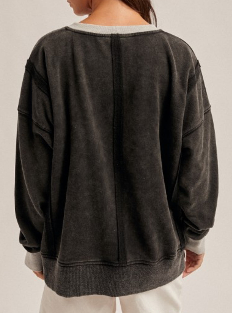 Black crew neck sweatshirt with grey inserts