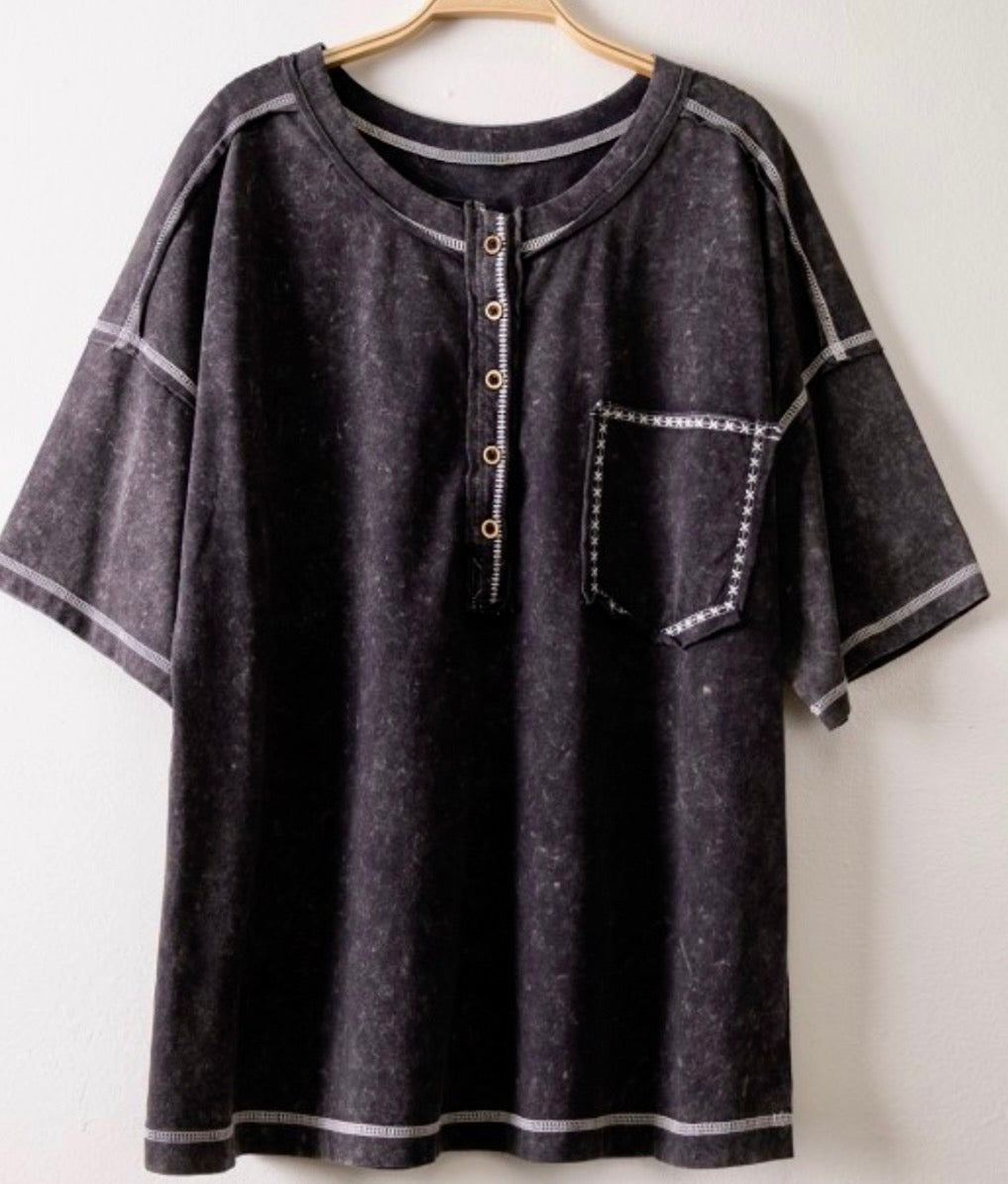 Black loose fit henley with white stitching