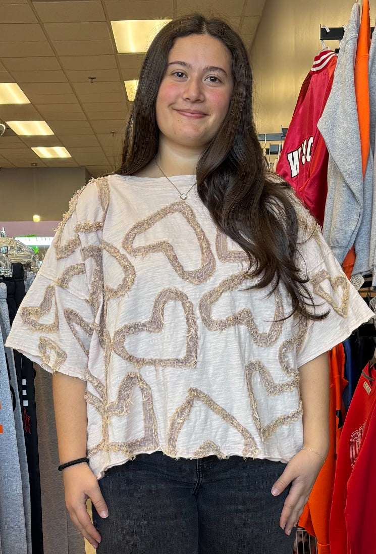 Pink oversized short sleeve top with pink hearts all over, available up to XXL