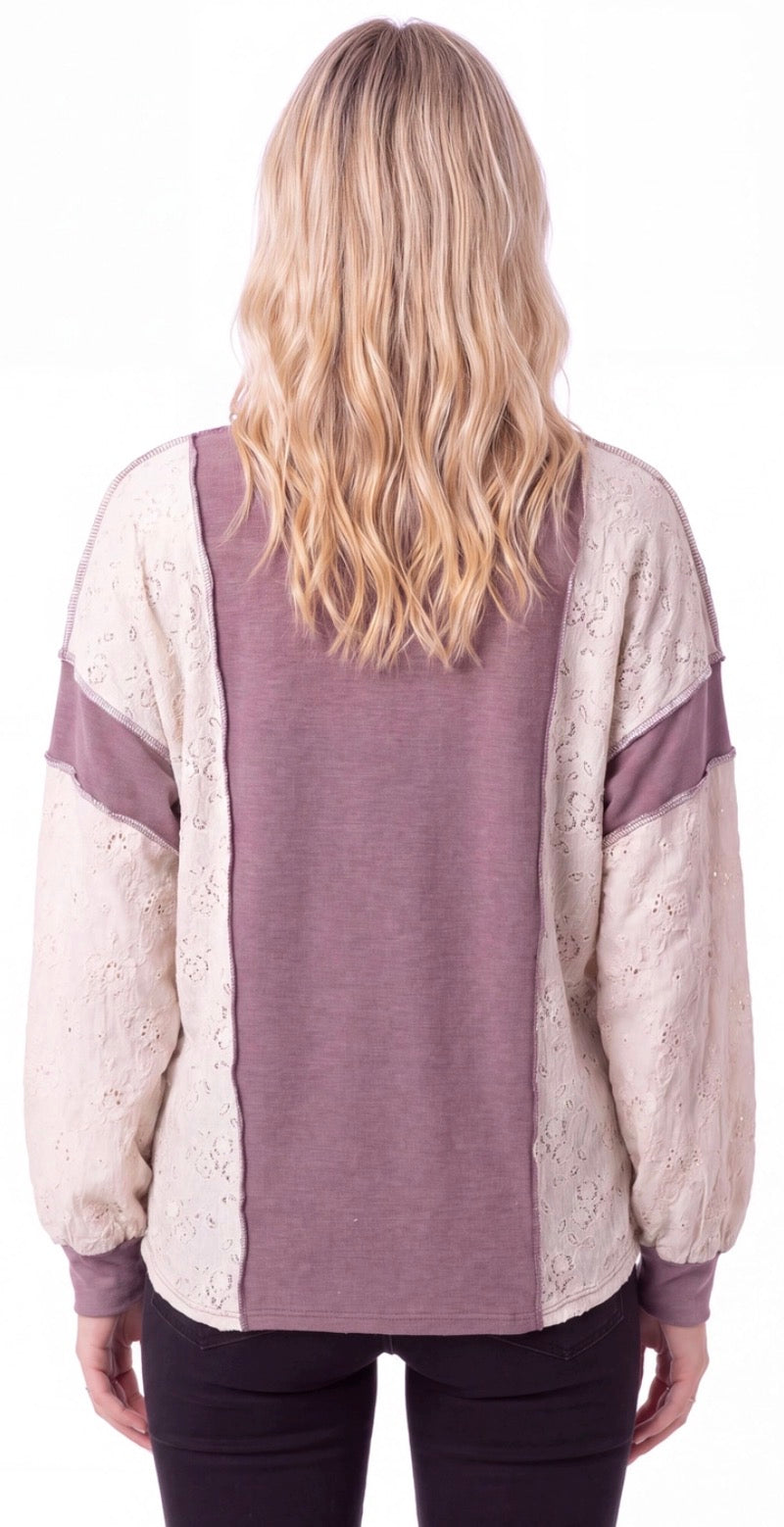 PREORDER NOW, Arriving Friday…Plum top with white crochet inserts