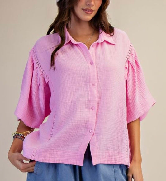 Pink loose fit blouse with eyelet detail