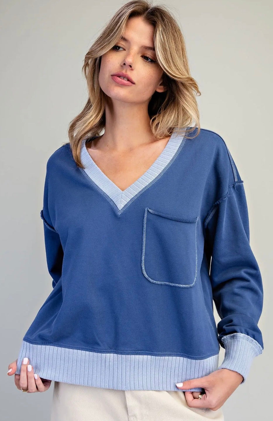 PREORDER NOW, Arriving Thursday…Blue v neck sweatshirt with front pocket