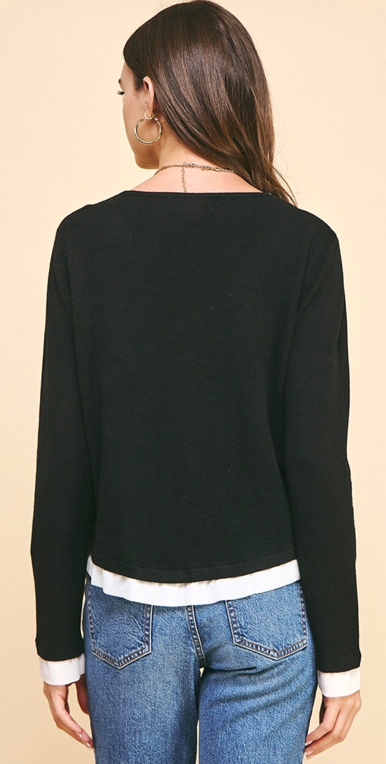 Black 2fer cardigan with attached white trim