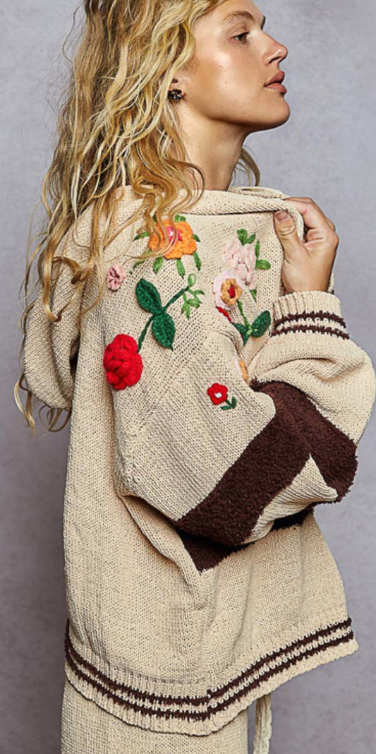 Tan soft knit loose fit zip hoodie with brown stripes and multi floral detail