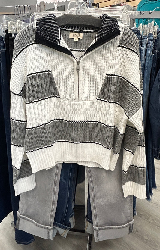 Grey and white stripe soft knit quarter zip sweater