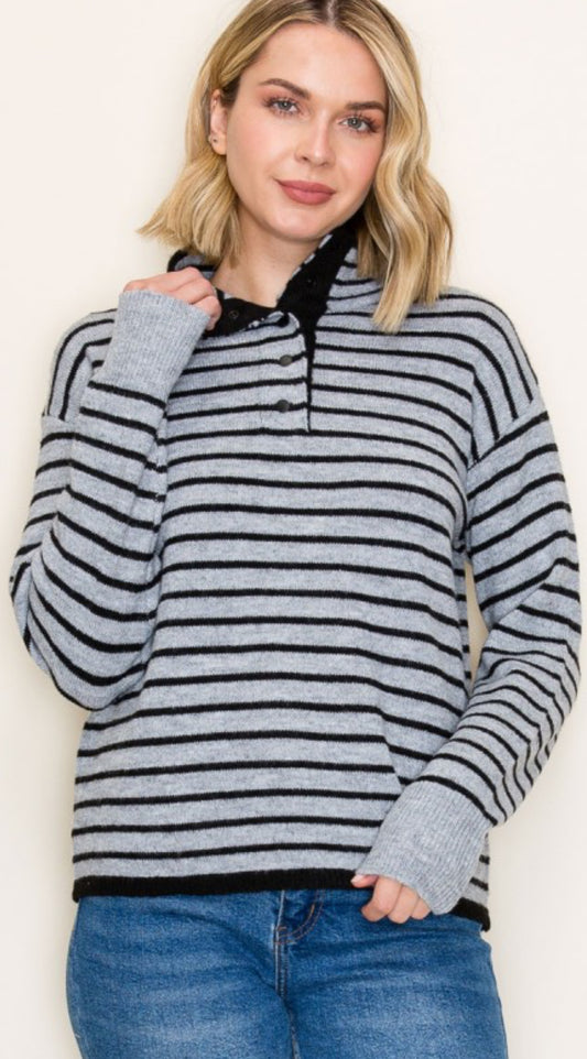 Grey/black stripe soft knit top with snap neck