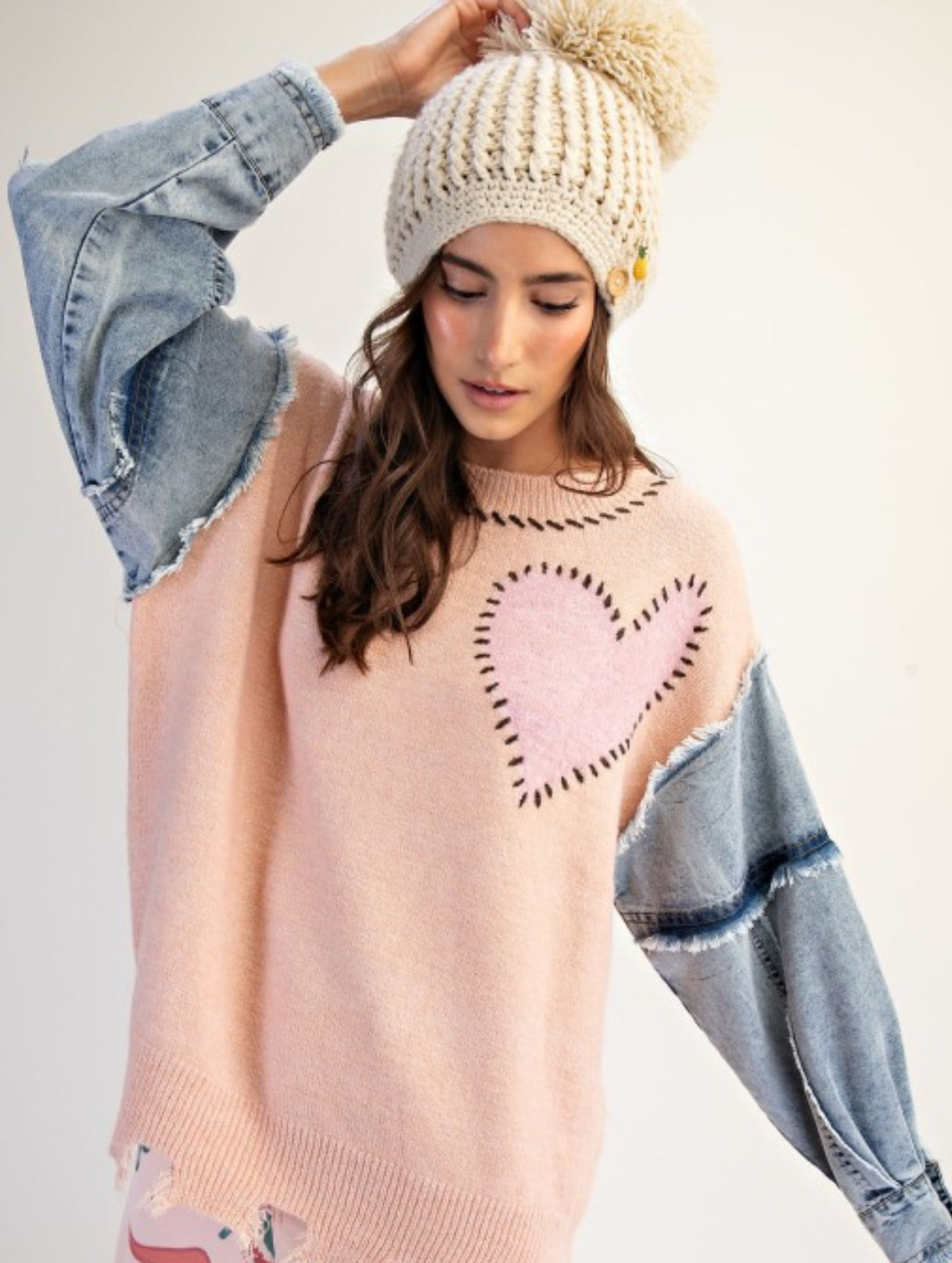 available in 2 colors! Lightweight sweater with heart and denim sleeves (see pic 2 for pink)