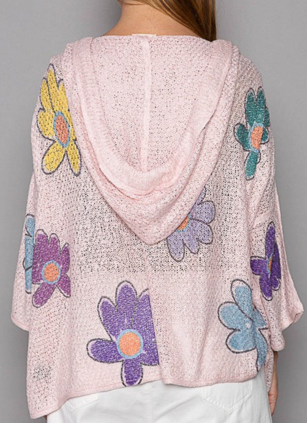 Pink lightweight soft knit loose fit hoodie with multi flowers NEW COLOR IN BEST SELLING STYLE!