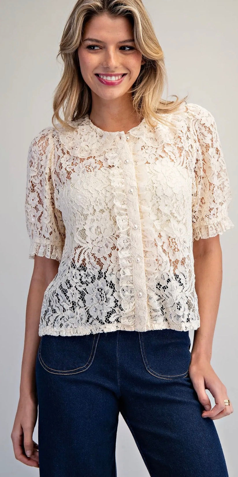 Cream lace blouse with pearl buttons
