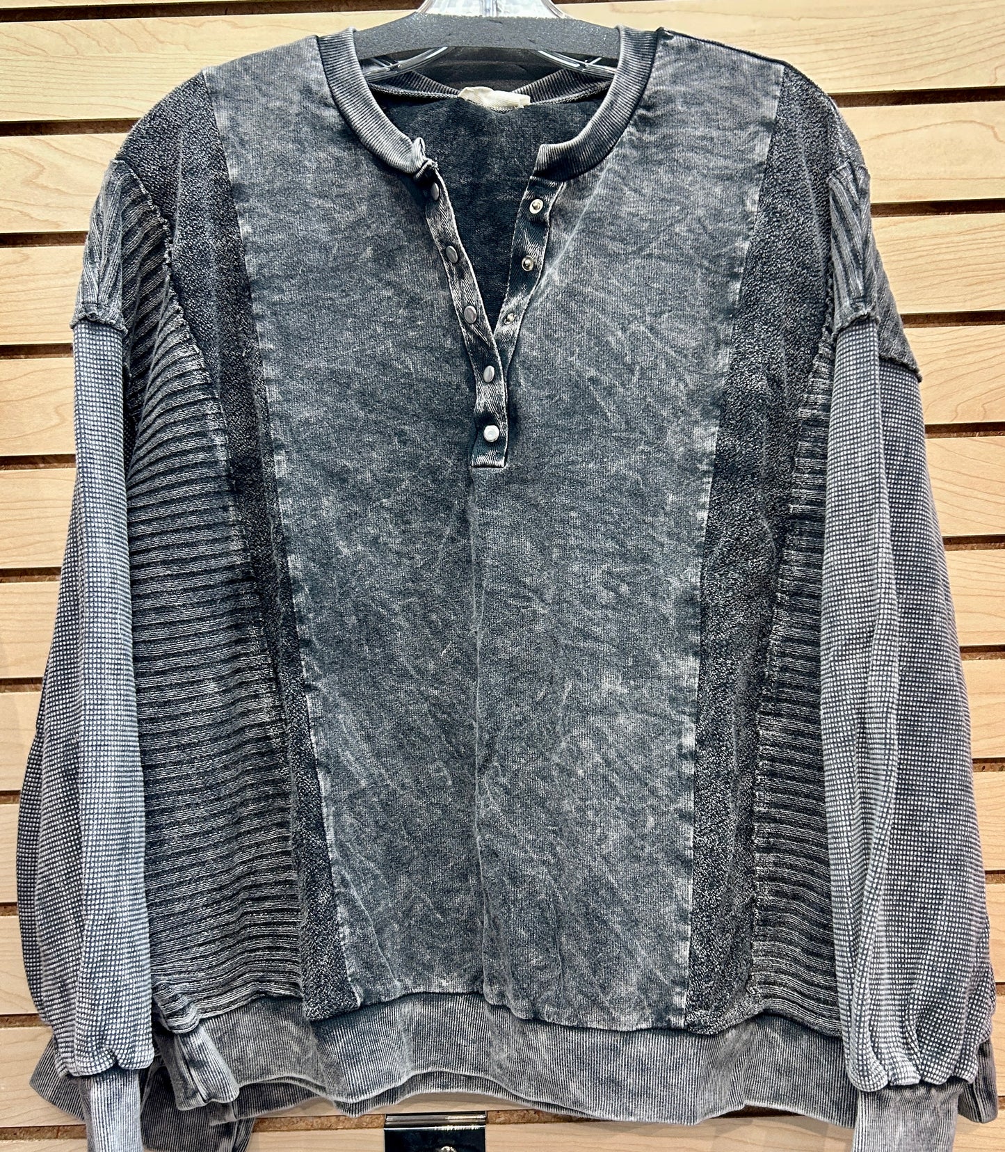 Black mixed knit snap henley top