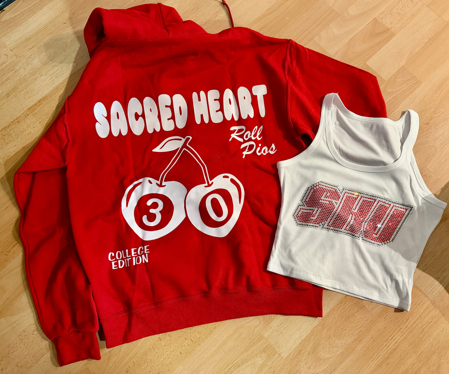 Custom & in stock WF inspired double sided hoodie (can order for ANY school)PLEASE NOTE: year will be 30, in the cherries…see pics