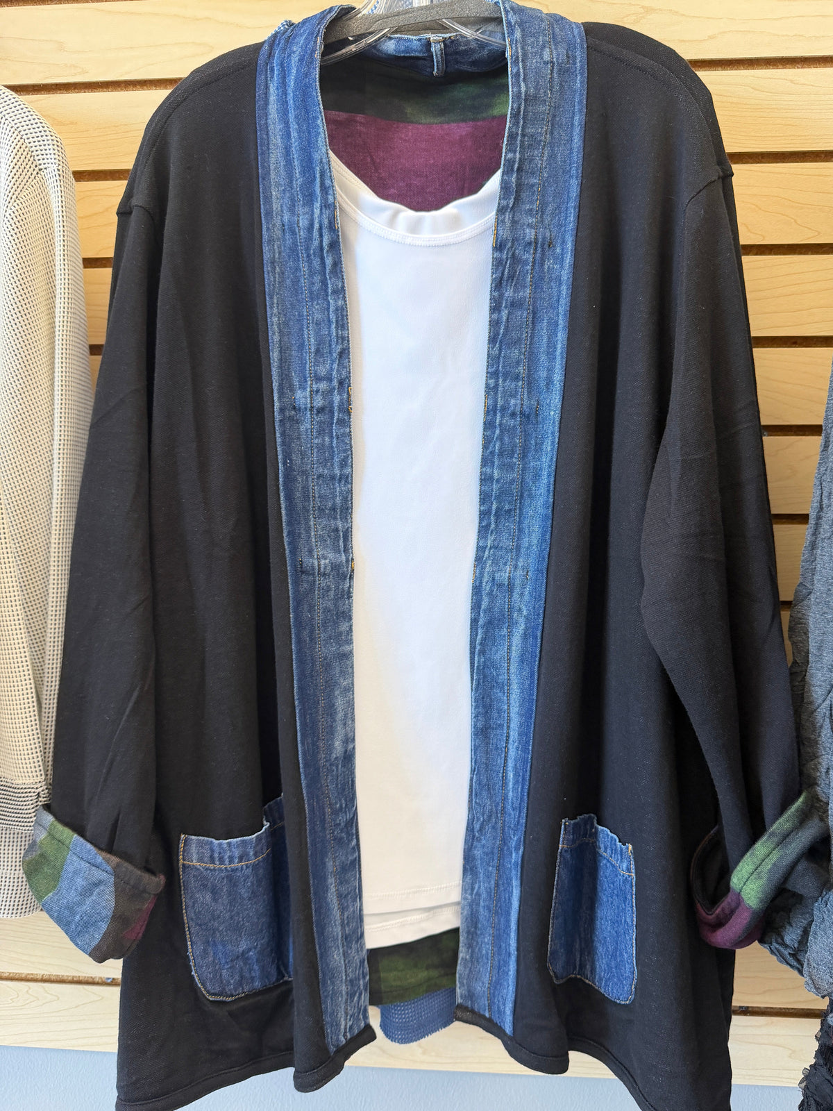 6TH RESTOCK! Reversible cotton cardigan with denim trim and pockets, available in Small through 2X, BEST SELLER!