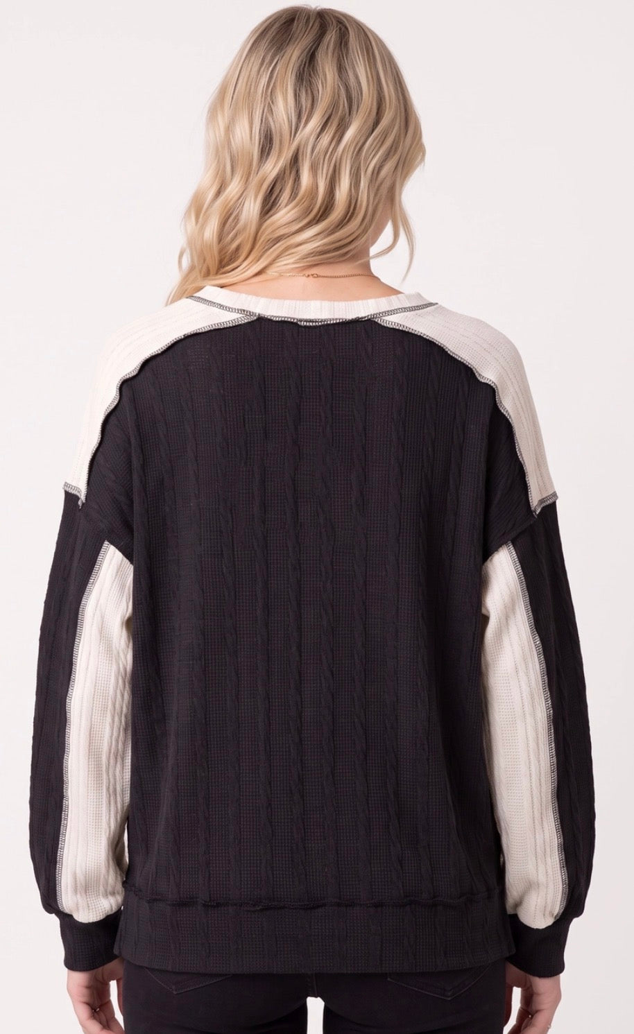 PREORDER NOW, Arriving Friday…Black and white rib knit colorblock top