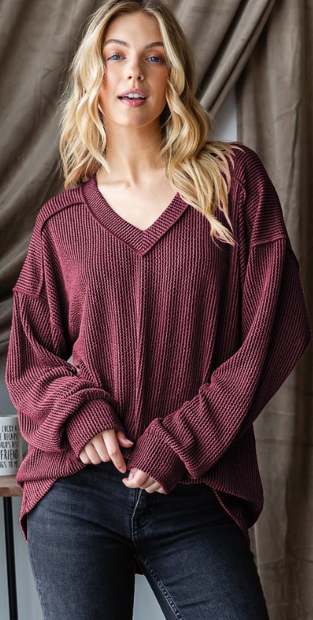 Burgundy ribbed v neck tunic