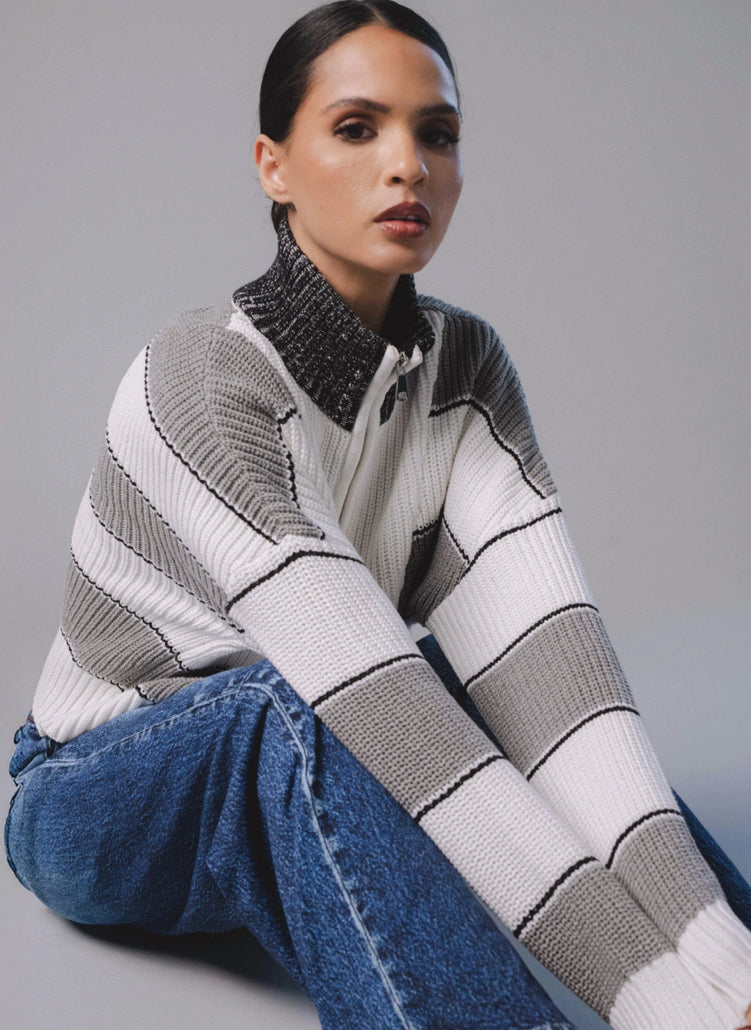 Grey and white stripe soft knit quarter zip sweater