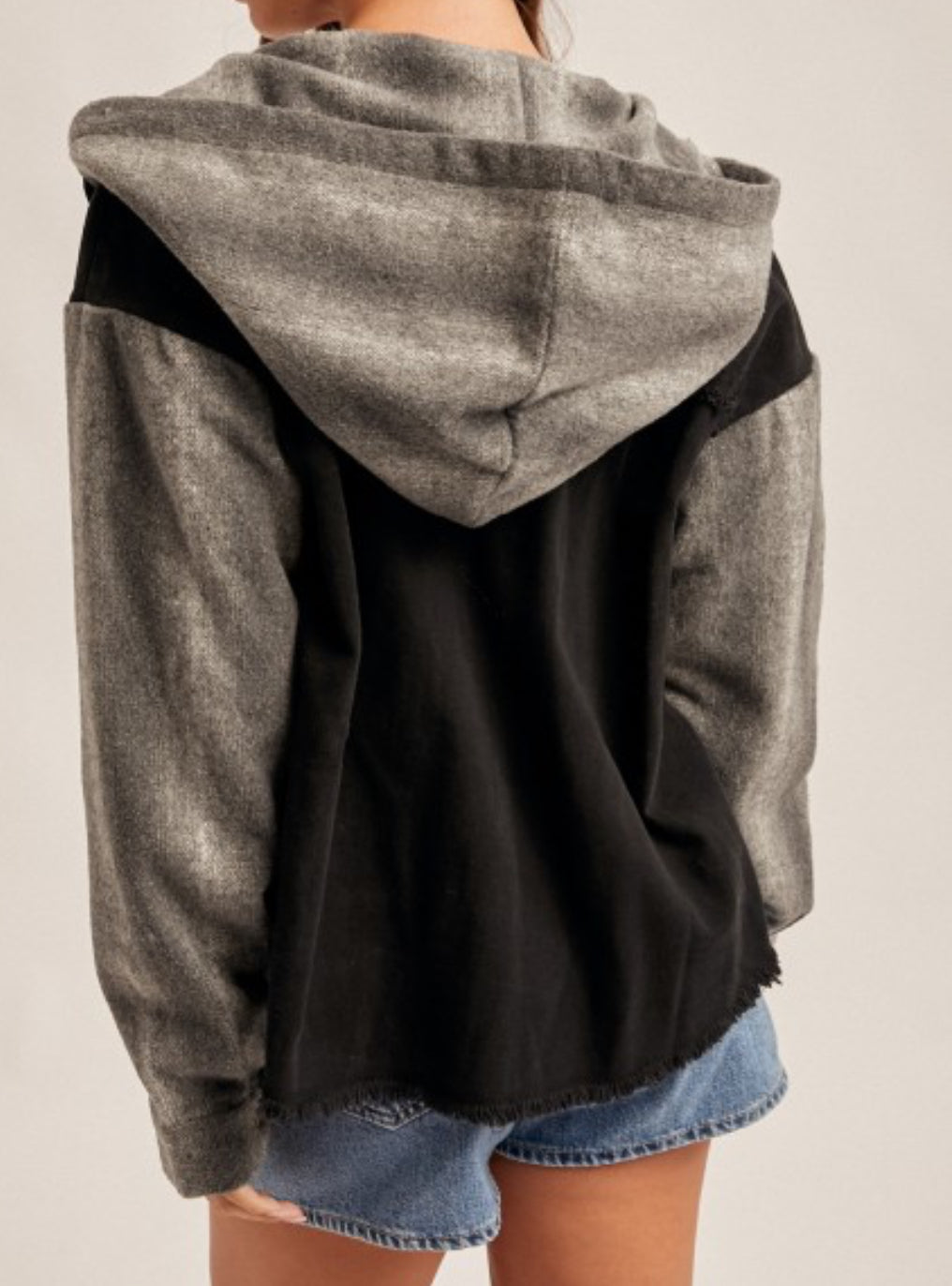 Black denim jacket with grey sleeves