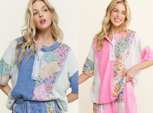 PREORDER PINK NOW, Arriving Thursday...Pink and blue mixed print tops with mesh inserts, BEST SELLER!