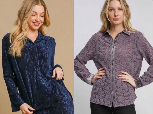 Navy textured soft velvet blouse and purple lace blouse with velvet details