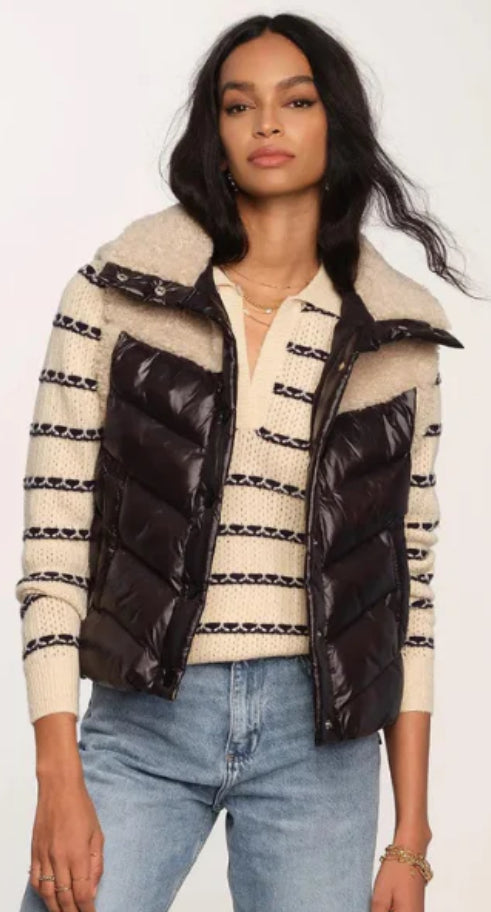 Heartloom Troye black puffer zip vest with ivory sherpa (Briar sweater sold separately on our website)