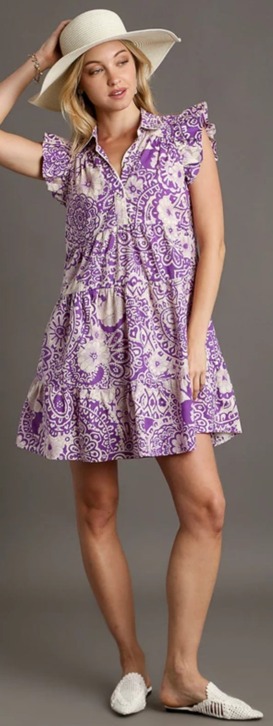 Purple print v neck dress