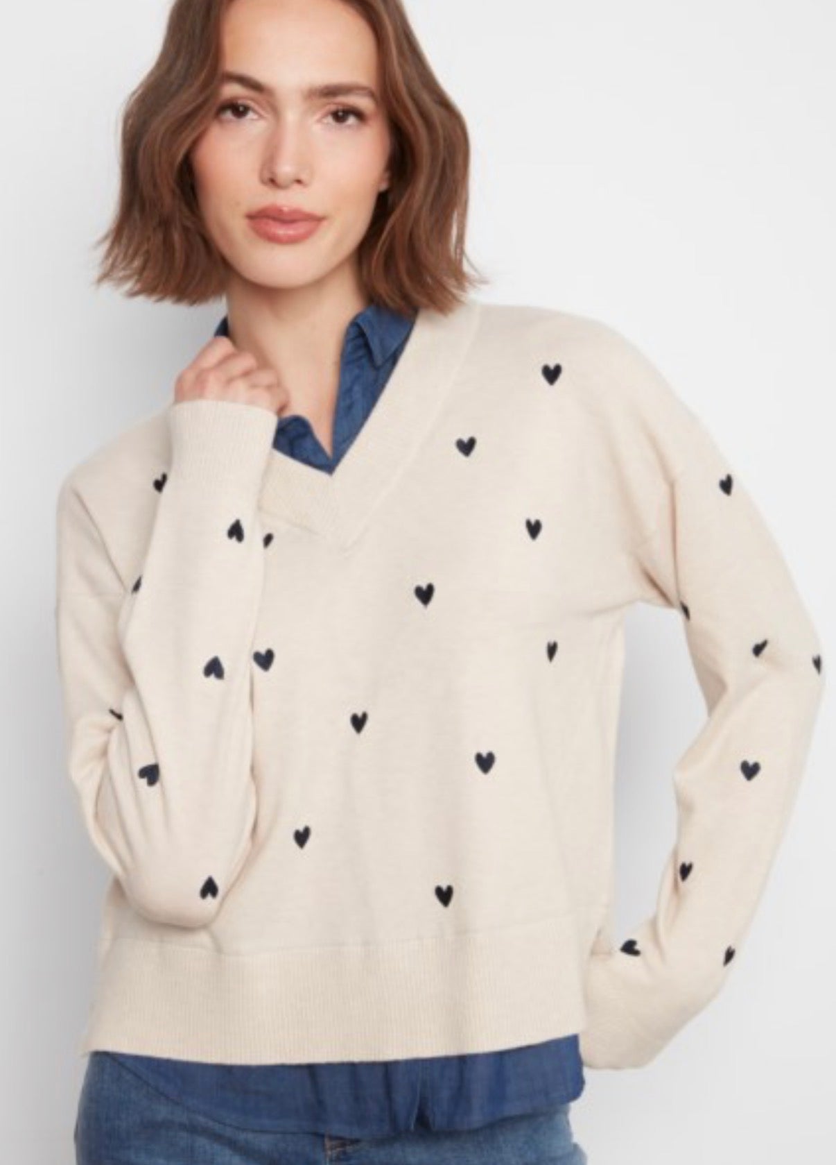 ARRIVING TODAY, Charlie B ivory sweater with scattered hearts and denim collar and bottom