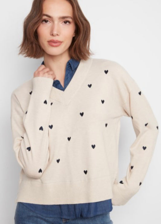 Charlie B ivory sweater with scattered hearts and denim collar and bottom