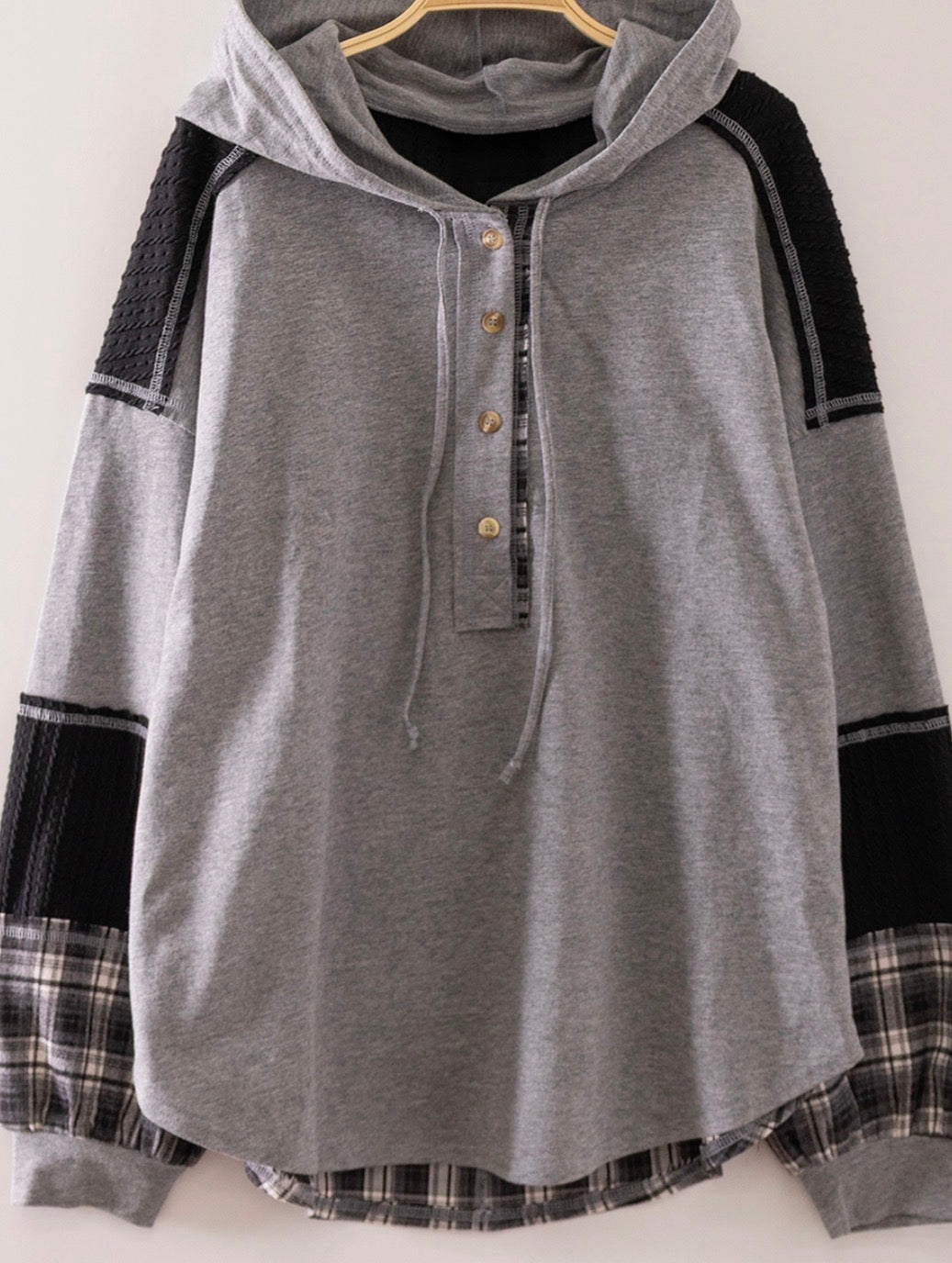 PREORDER NOW, Arriving Tuesday…Grey/black hoodie with plaid inserts, also available in plus sizes
