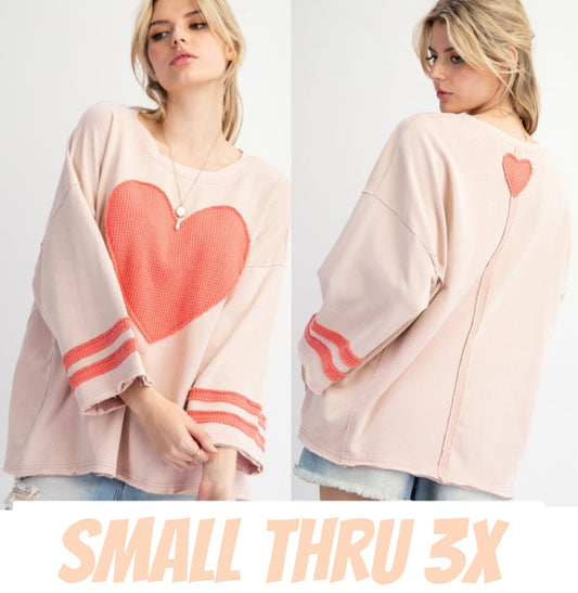 Blush loose fit 3/4 sleeve lightweight sweatshirt with heart patch on front and back (also available in plus sizes)