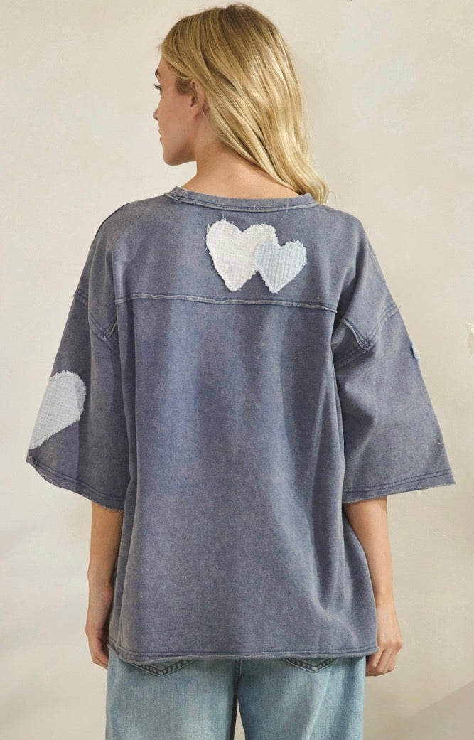 Blue loose fit top with heart patches