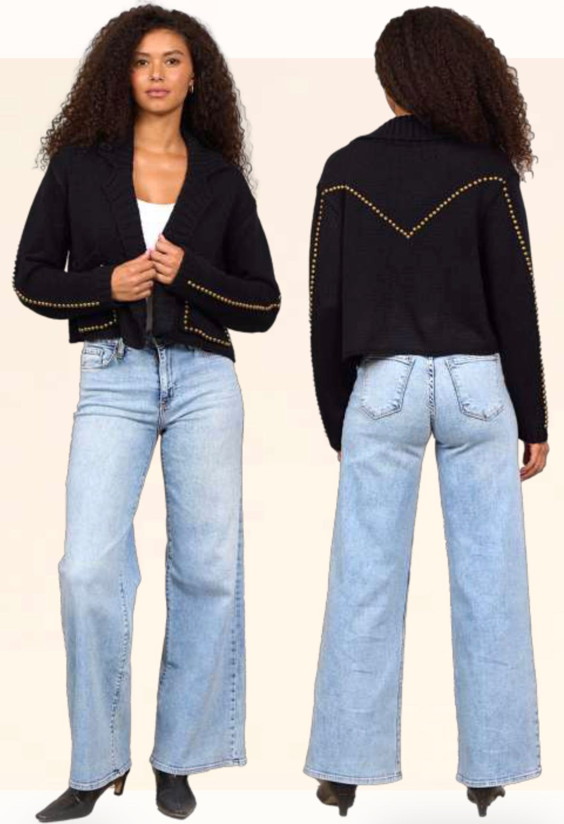 Vintage Havana black sweater knit blazer with studs