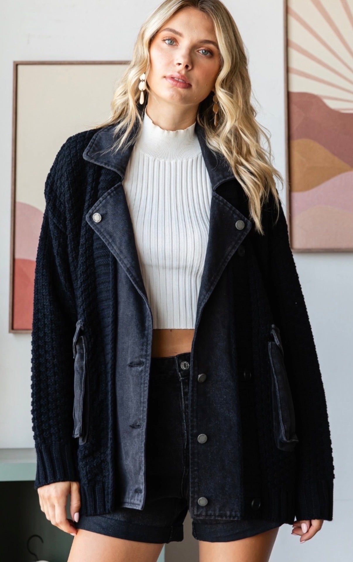 Black sweater knit cardigan with black denim trim and pockets
