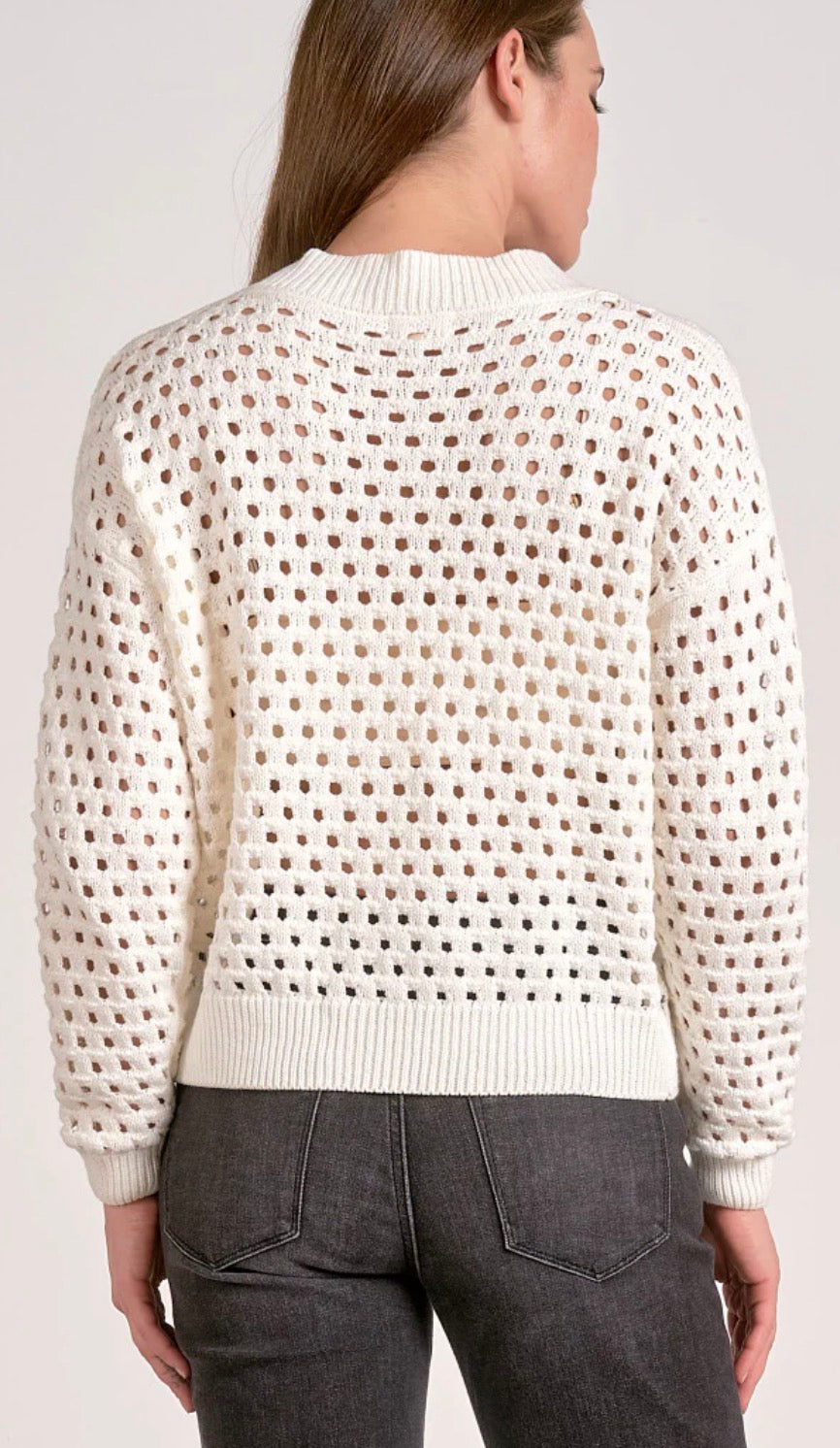 PREORDER NOW, Arriving Wednesday …Elan off white crochet zip bomber jacket