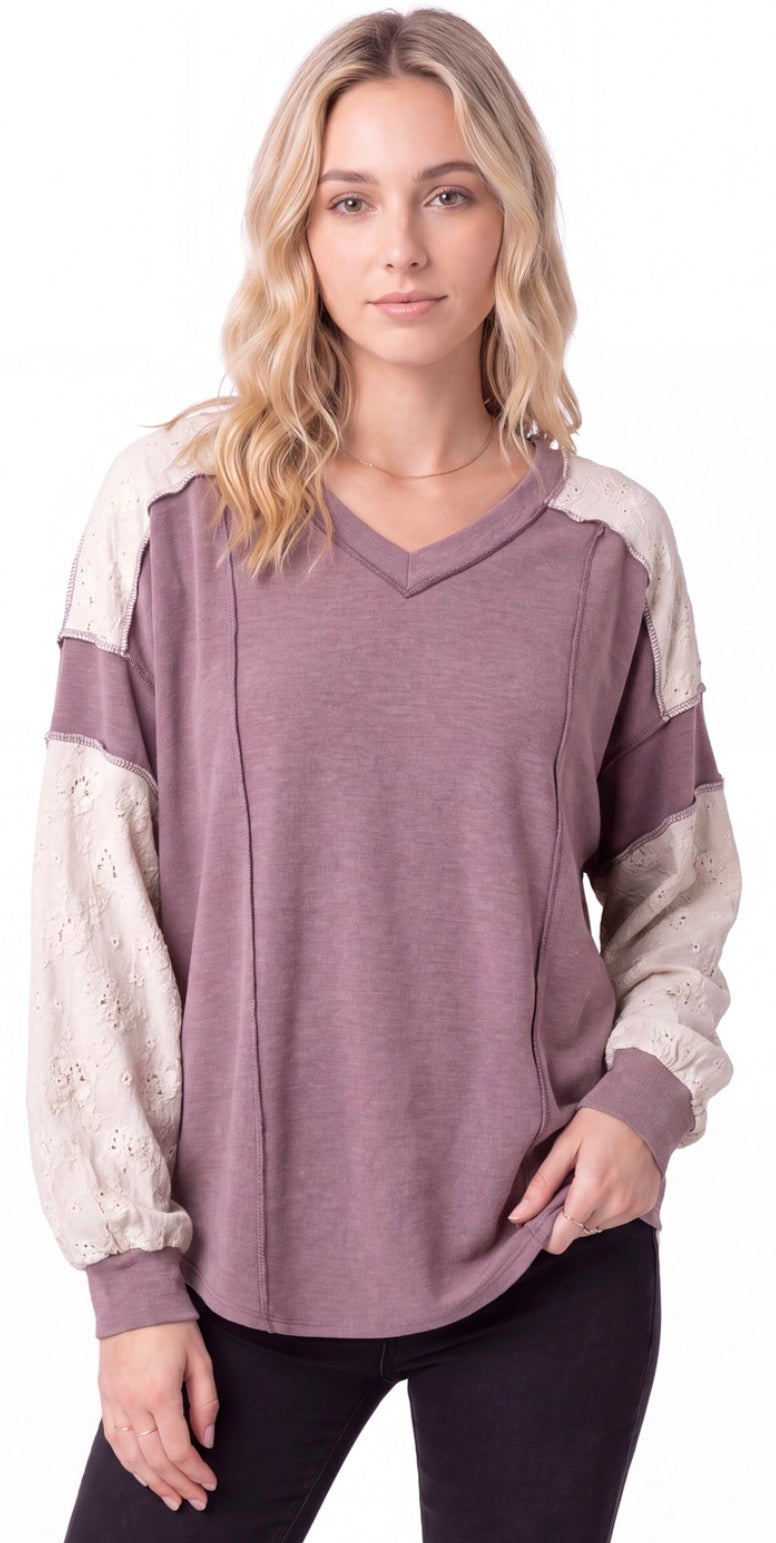 PREORDER NOW, Arriving Friday…Plum top with white crochet inserts