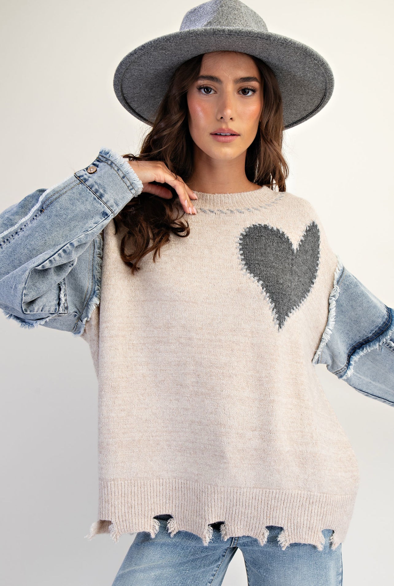 available in 2 colors! Lightweight sweater with heart and denim sleeves (see pic 2 for pink)