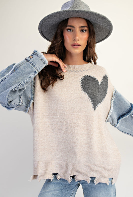 available in 2 colors! Lightweight sweater with heart and denim sleeves (see pic 2 for pink)