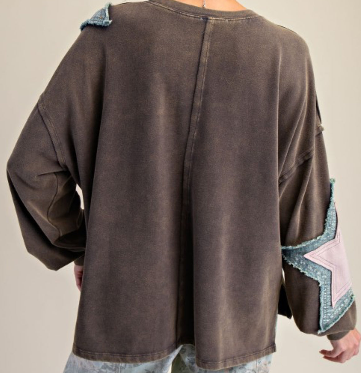 Dark grey sweatshirt with large denim/pink star patches