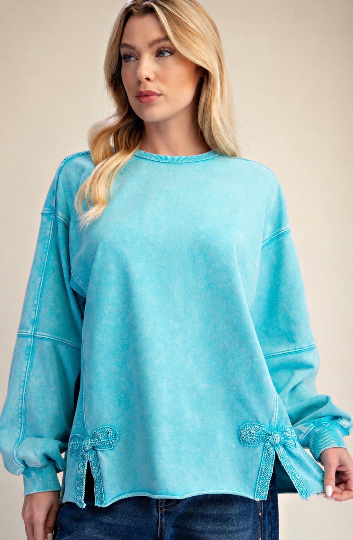PREORDER NOW, Arriving tomorrow…Turquoise loose fit sweatshirt with bows and crochet back, see pic 2 for back