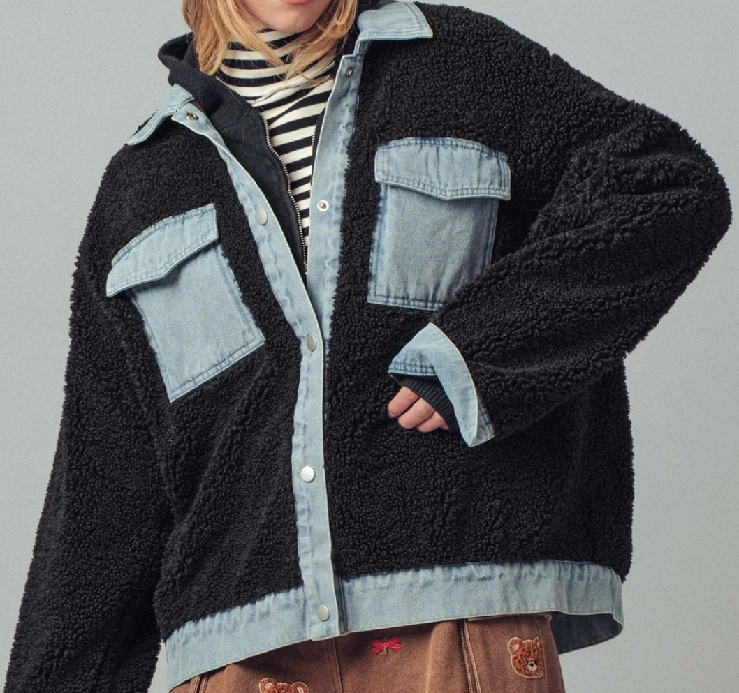 RESTOCKED!!! Last shipment sold out in 2 hours!!!Black snap front soft sherpa jacket with denim trim and pockets