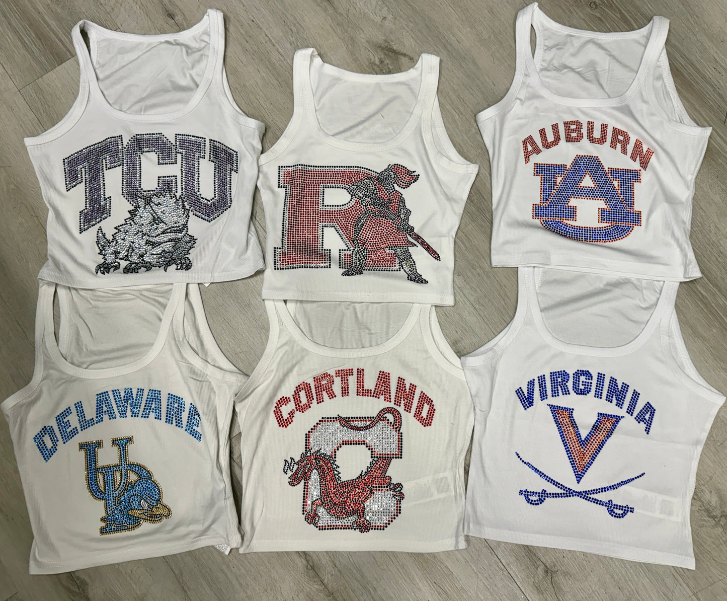 SUPER HOT ITEM!!! IN STOCK & Custom order college bling tanks and crop babytees, MOST SCHOOLS ARE AVAILABLE TO ORDER!!! & see pics for some schools made up!