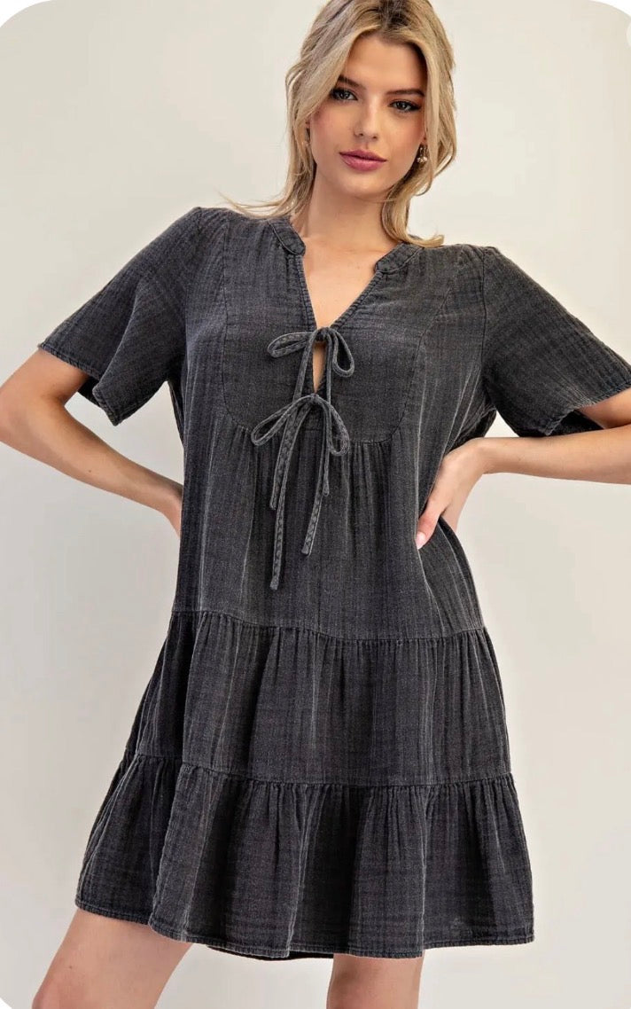 Gauze dress with tie front
