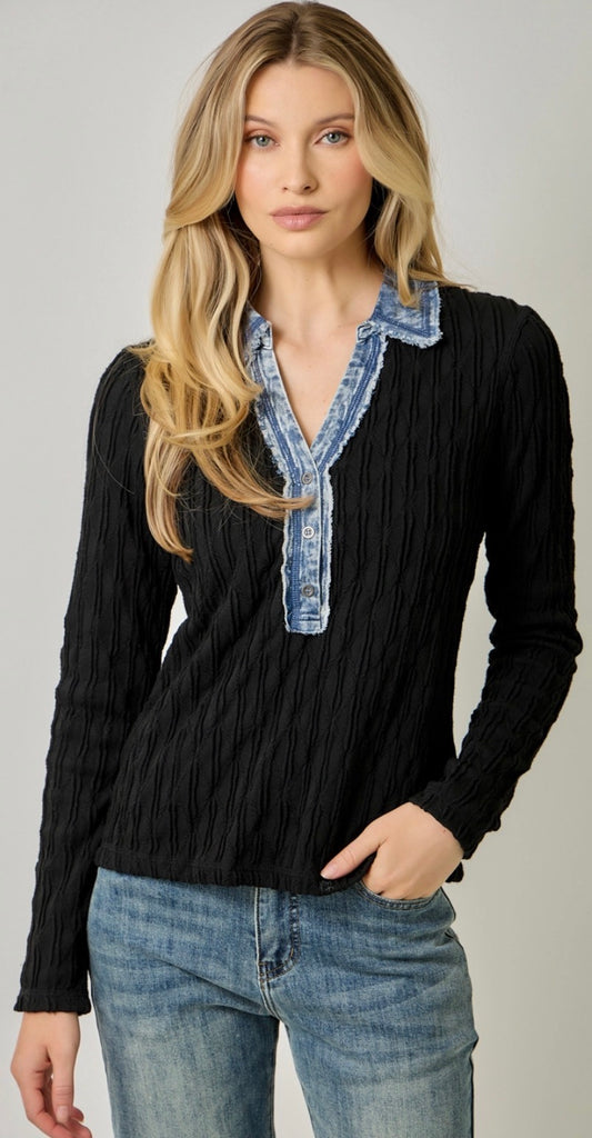 PREORDER NOW, Arriving Friday…Black textured rib top with denim collar