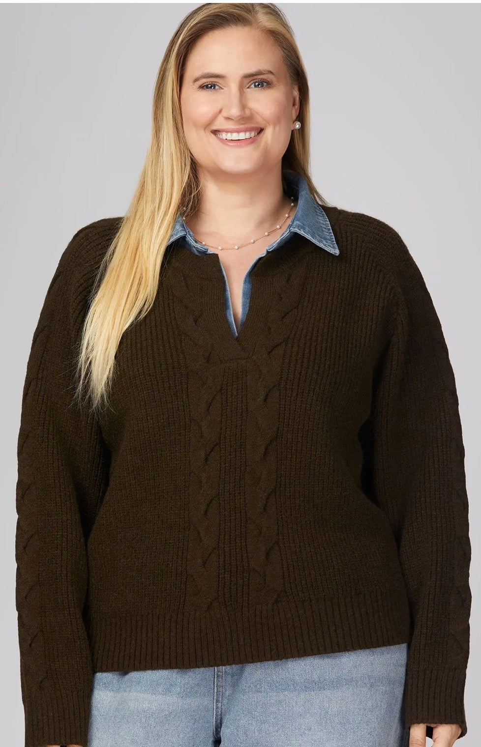 PREORDER NOW, Arriving Friday…Brown cable sweater with denim collar, also available in PLUS SIZE